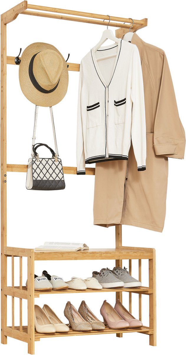 Schoenenrek Sven - Met Bamboe - Kapstok - 168x70x35 cm - Houtkleurig - Met Zitting - Milieuvriendelijk Materiaal (6097239111175)