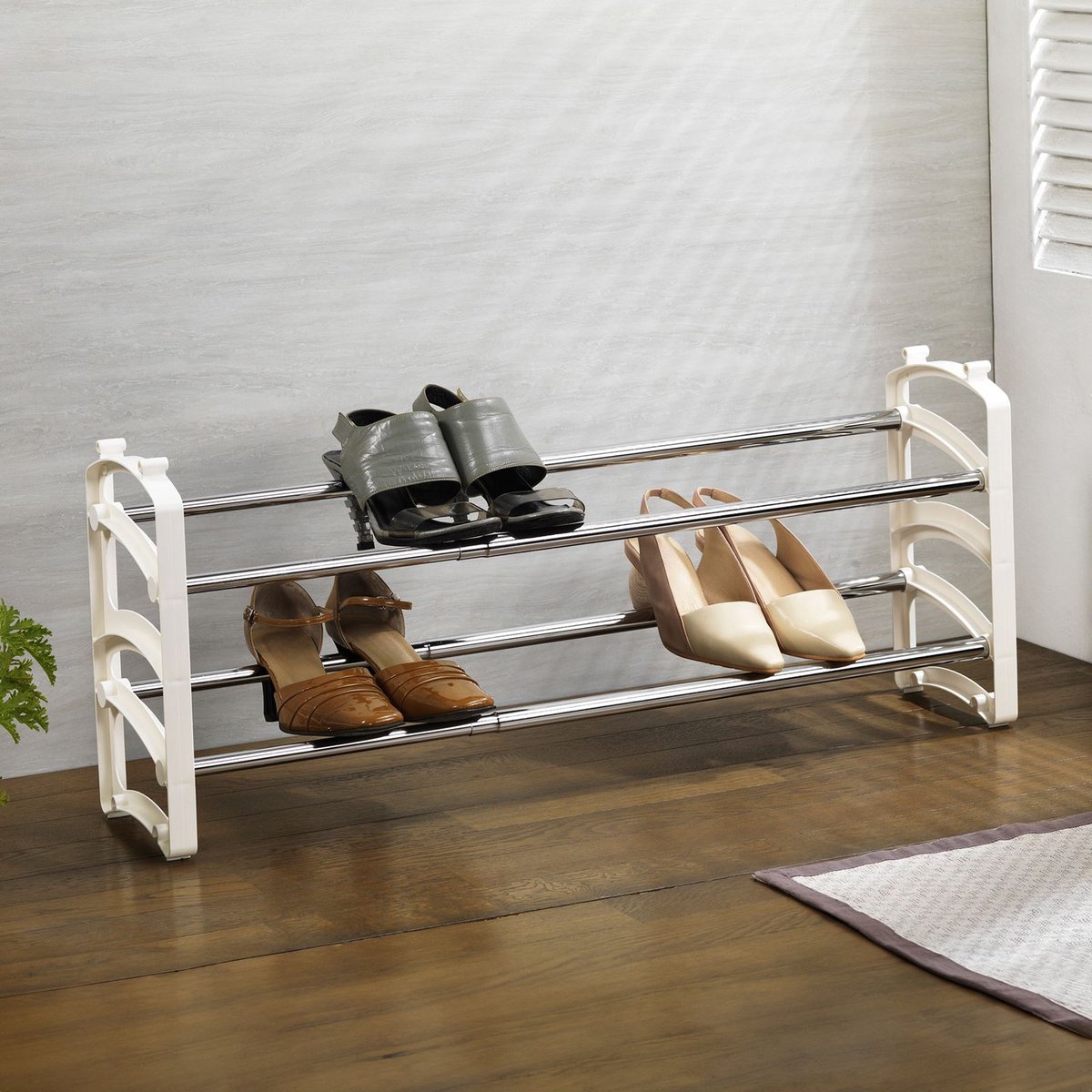 Schoenenrek TOWER uitschuifbaar wit - schoenenrek met 2 niveaus gemaakt van metaal, stapelbare schoenenopslag ruimtebesparend, schoenenorganiser hal - hoofdafbeelding (4016787961218)