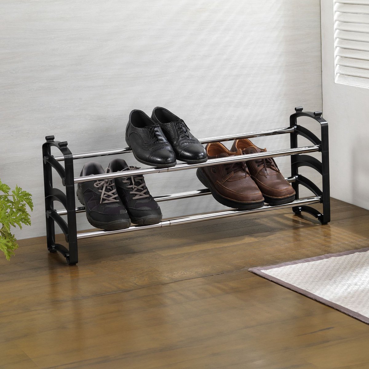 Schoenenrek TOWER uitschuifbaar zwart - schoenenrek met 2 niveaus gemaakt van metaal, stapelbare schoenenopslag ruimtebesparend, schoenenorganiser hal - hoofdafbeelding (4016787961225)