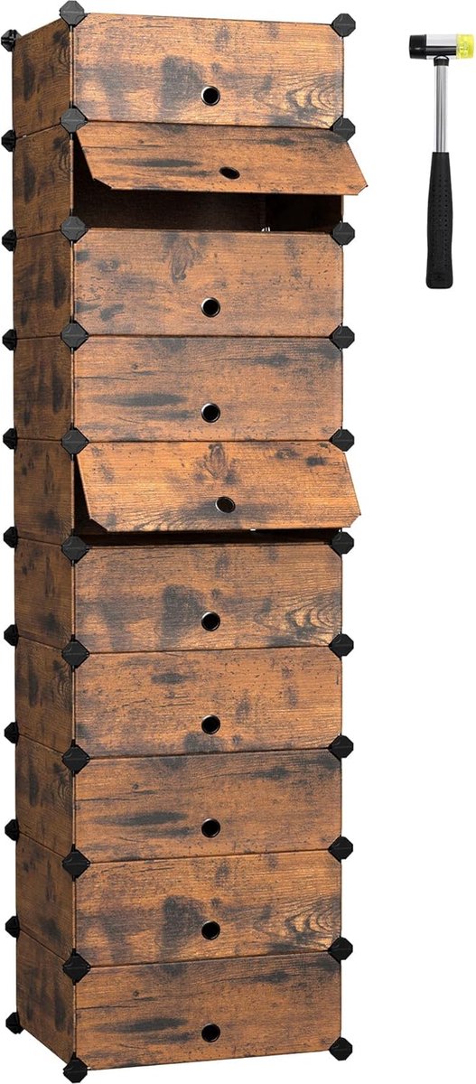 Schoenenrek met 10 niveaus, steekrek, planksysteem, schoenenorganizer, doe-het-zelfrek, met deur, van PP-kunststof, vintabruin (8998339822351)