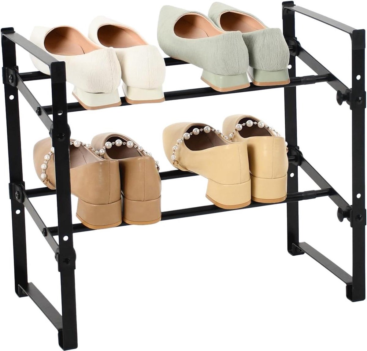 Schoenenrek met 2 niveaus uittrekbaar - ideaal voor entree of slaapkamer - zwart - 12 paar schoenen - stalen en PP-kunststof - 455~80 x 24 x 395 cm (6152325540526)