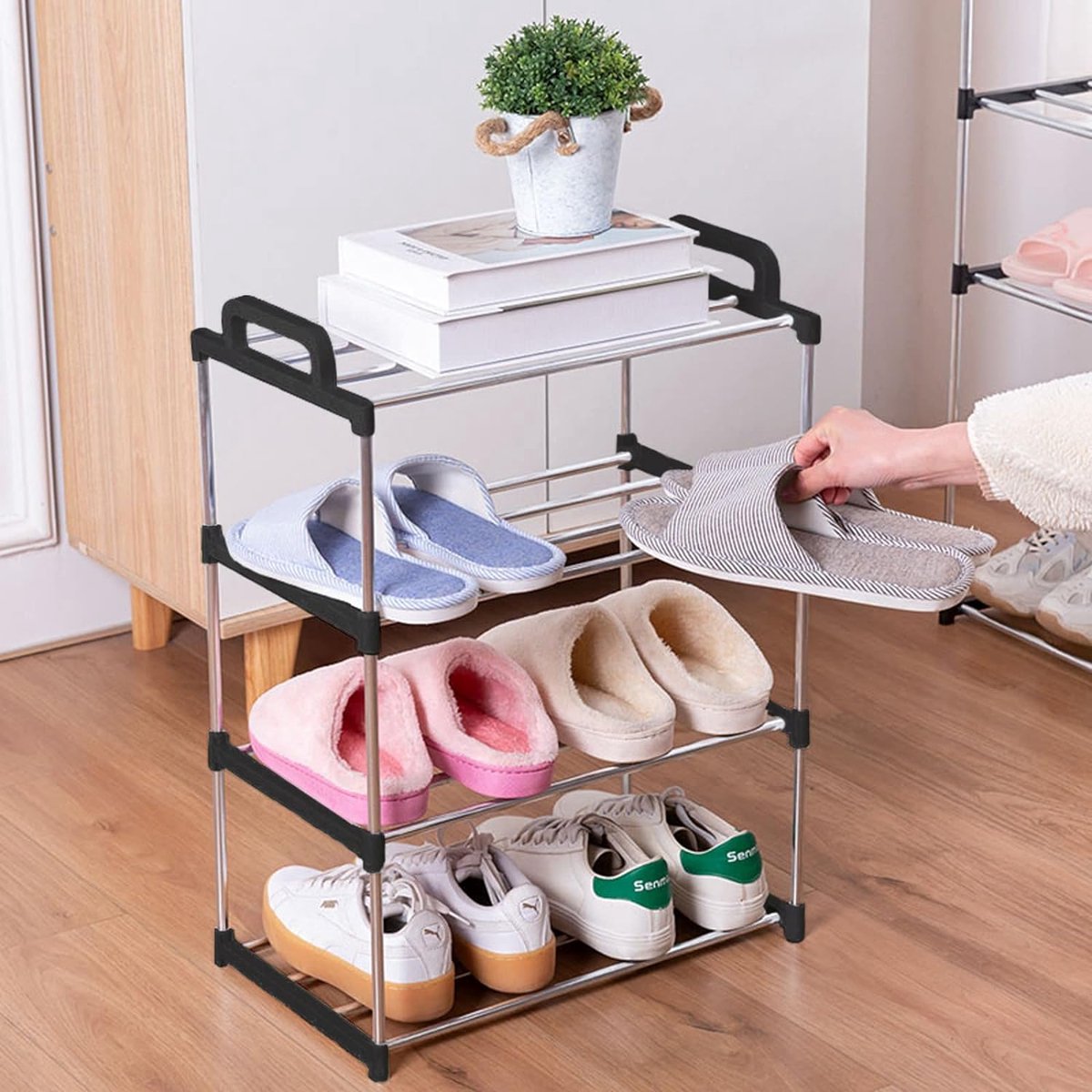Schoenenrek met 4 niveaus, klein schoenenrek, roestvrij staal, schoenenorganizer voor maximaal 8 paar schoenen, schoenenrek, ingang, kast, woonkamer (zwart) (8998339135246)
