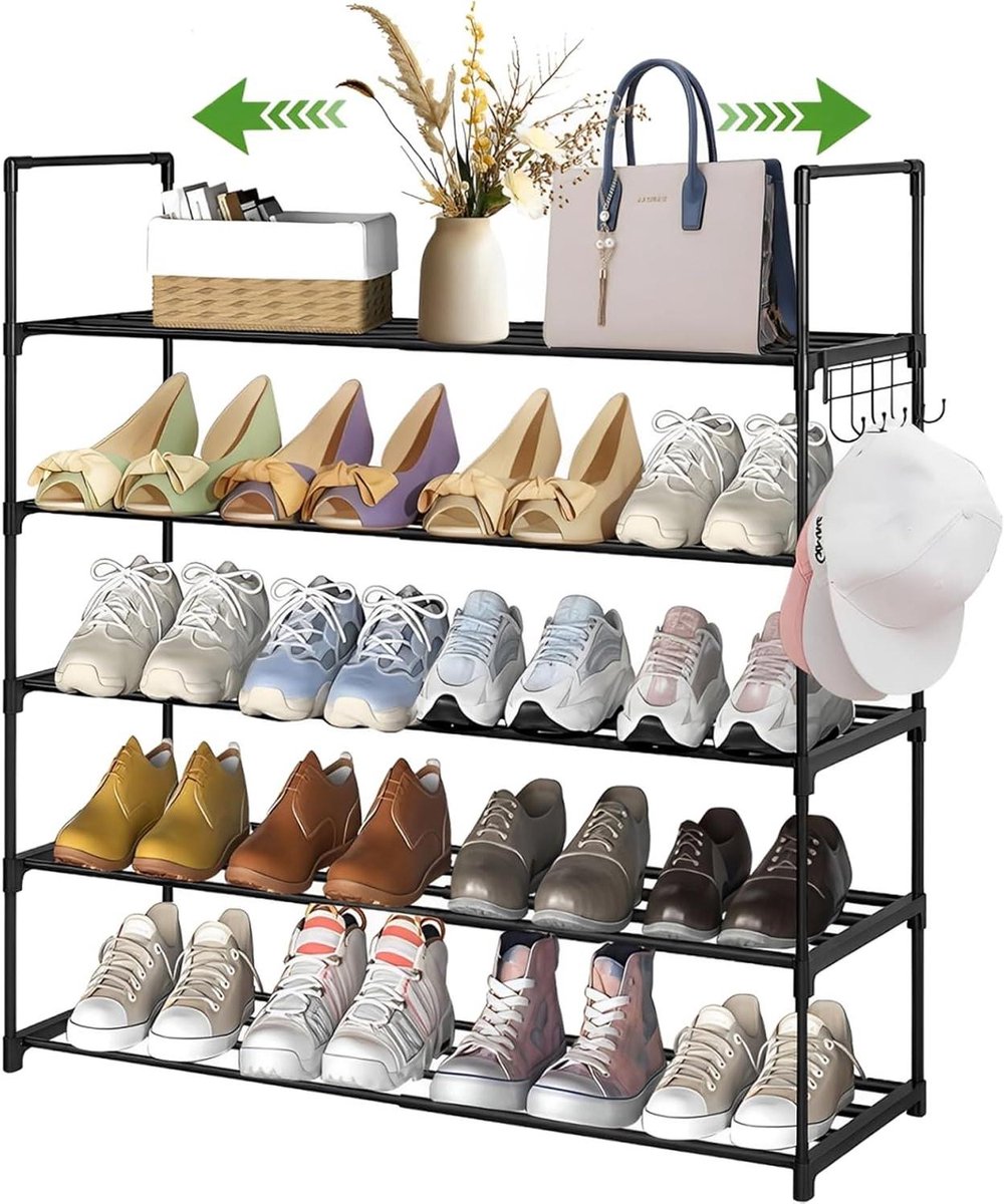 Schoenenrek met 5 niveaus en verstelbare breedte - zwart, ruimtebesparend design - robuuste schoenenstandaard voor hal, woonkamer en slaapkamer (6153020893863)