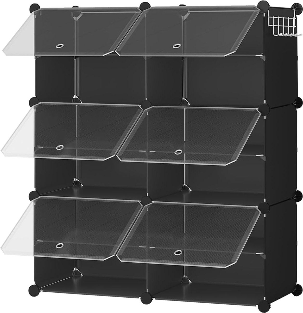 Schoenenrek met 6 vakken - schoenenrek kubusrek met deur - 24 paar schoenen - smal kunststof stalen frame - woonkamer slaapkamer hal ingang - zwart (6152325537519)