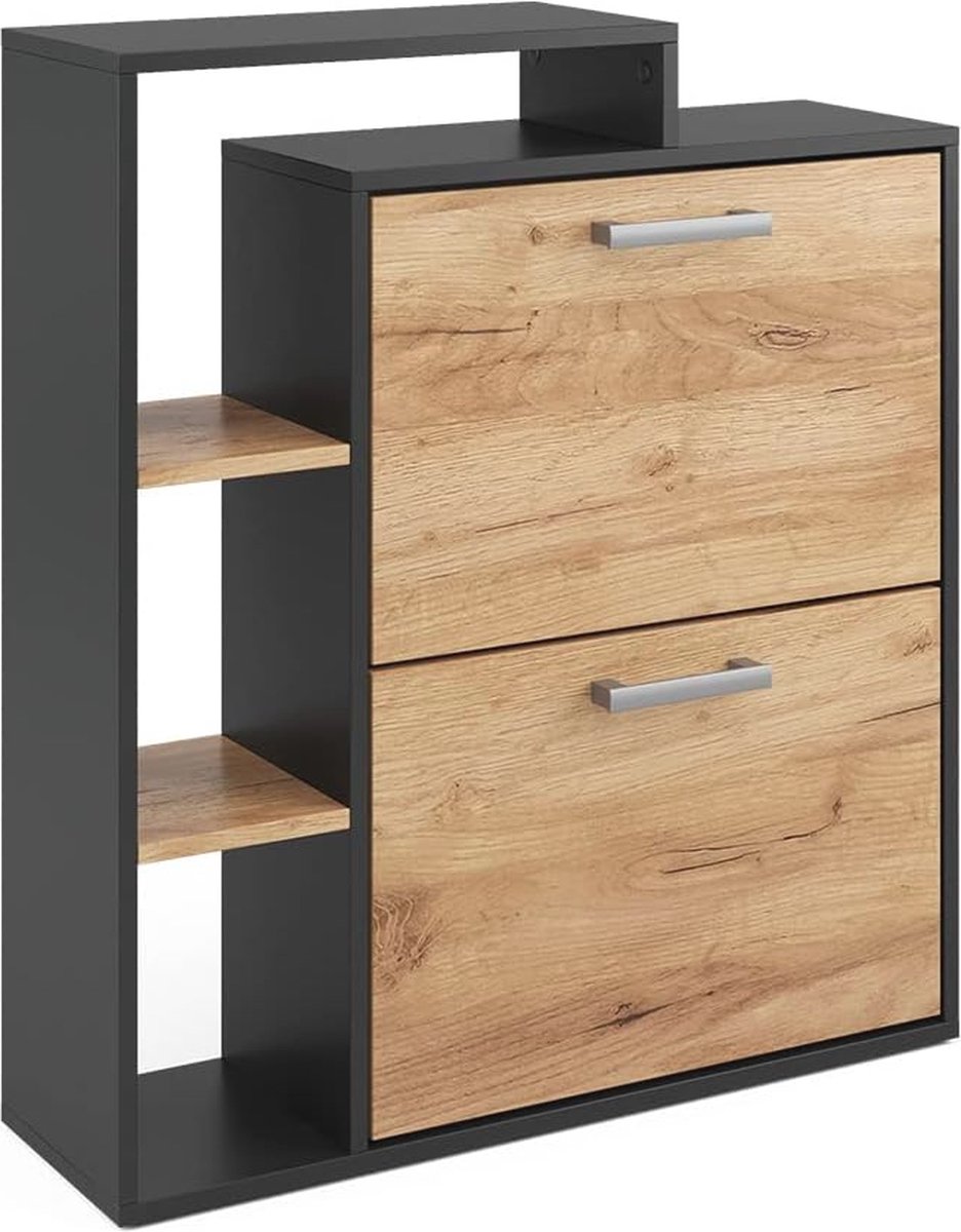 Schoenenrek met Inklapbare Planken - Antraciet/Eiken - 80 x 90 cm (6152616136131)