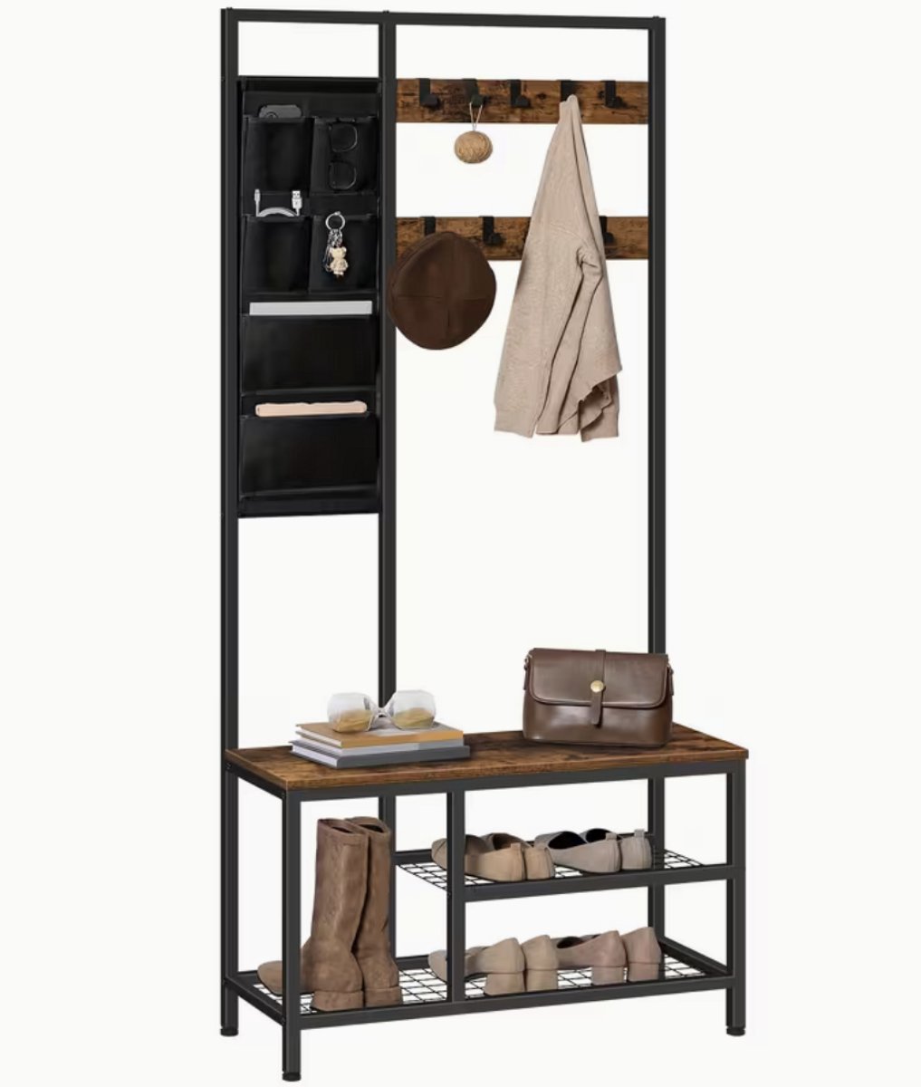 Schoenenrek met Opbergtassen en Haken 3 Laags Schoenenkast 80 x 30 x 180 cm Halmeubel met 6 Opbergvakken en 9 Afneembare Haken Retro Bruin Zwart (9502899369714)