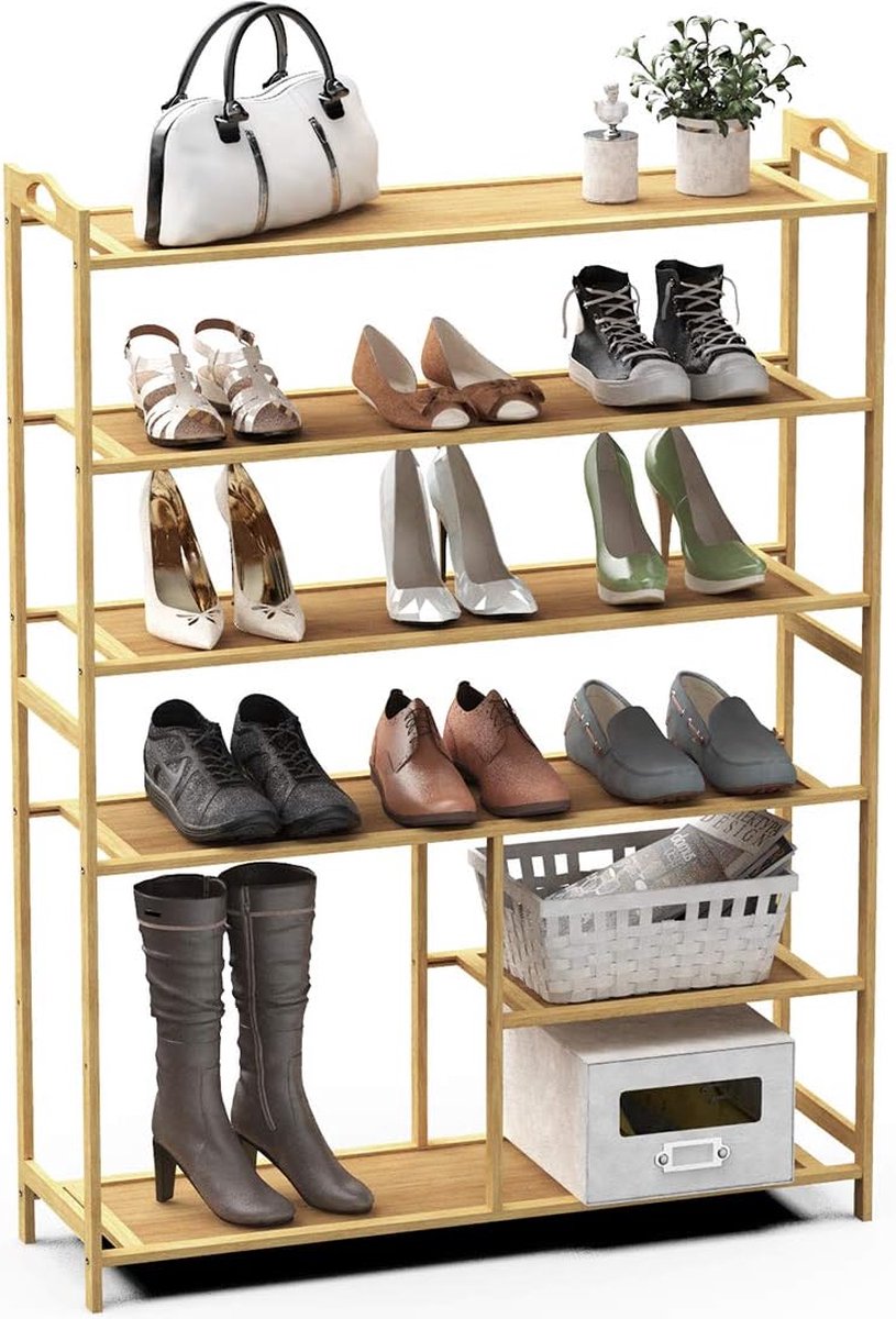 Schoenenrek met bamboe frame, 6 planken, smalle MDF houten staande plank, multifunctionele doe-het-zelf houten plank, 80 x 26 x 102 cm. (8998339480735)