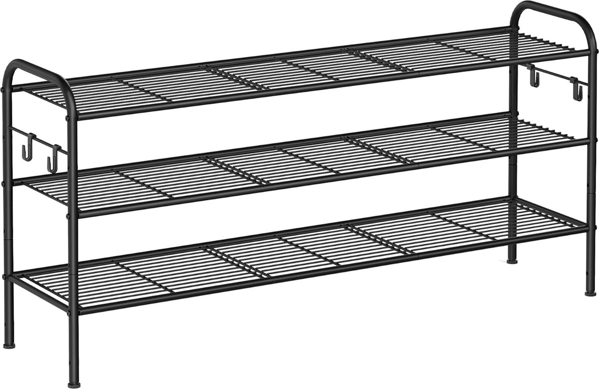 Schoenenrek, schoenenrek met 3 niveaus, metalen plank met 4 zijhaken, biedt plaats aan 18 paar schoenen, in hoogte verstelbare plank, voor entree, hal, kledingkast, eenvoudige montage, inktzwart (4801288609451)