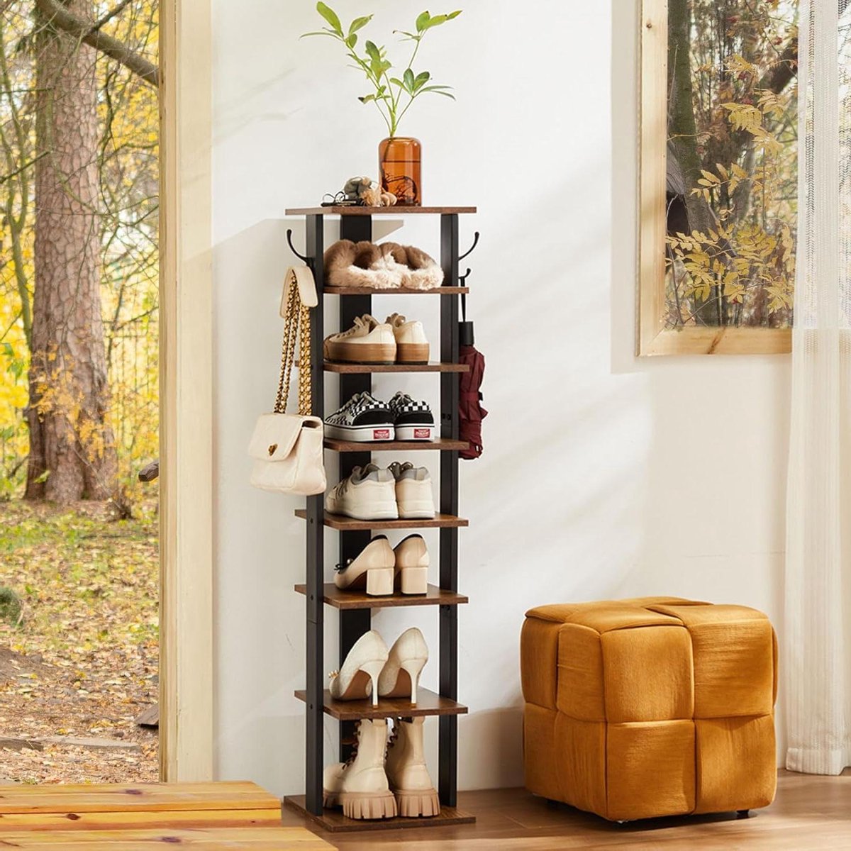 Schoenenrek smal met 8 niveaus hoge schoenenstandaard haken - hout metalen frame - ingang hal woonkamer vintage bruin/zwart (8785309543862)