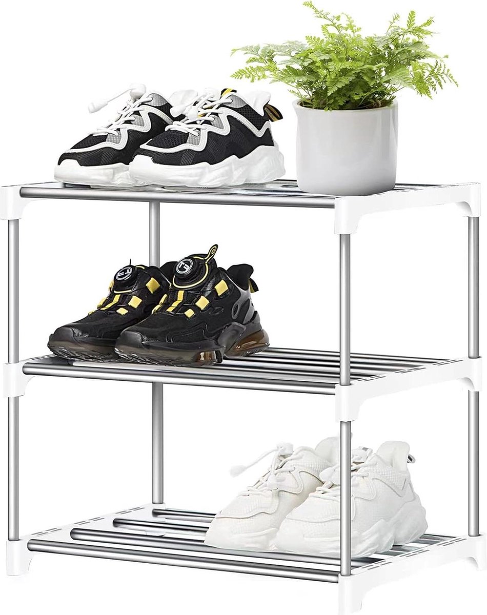 Schoenenrek wit 3-laags metalen stapelbaar - Schoenopbergorganisator voor hal en slaapkamer (6152325538523)
