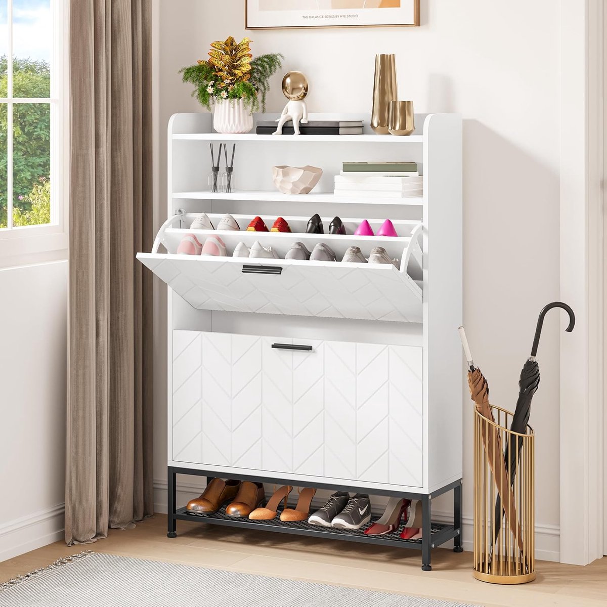 Schoenopbergkast, houten schoenenkast met 2 klaplades vrijstaande schoenenkast met open planken en metalen poten, schoenenrek voor woonkamer, entree, hal (8785291983462)