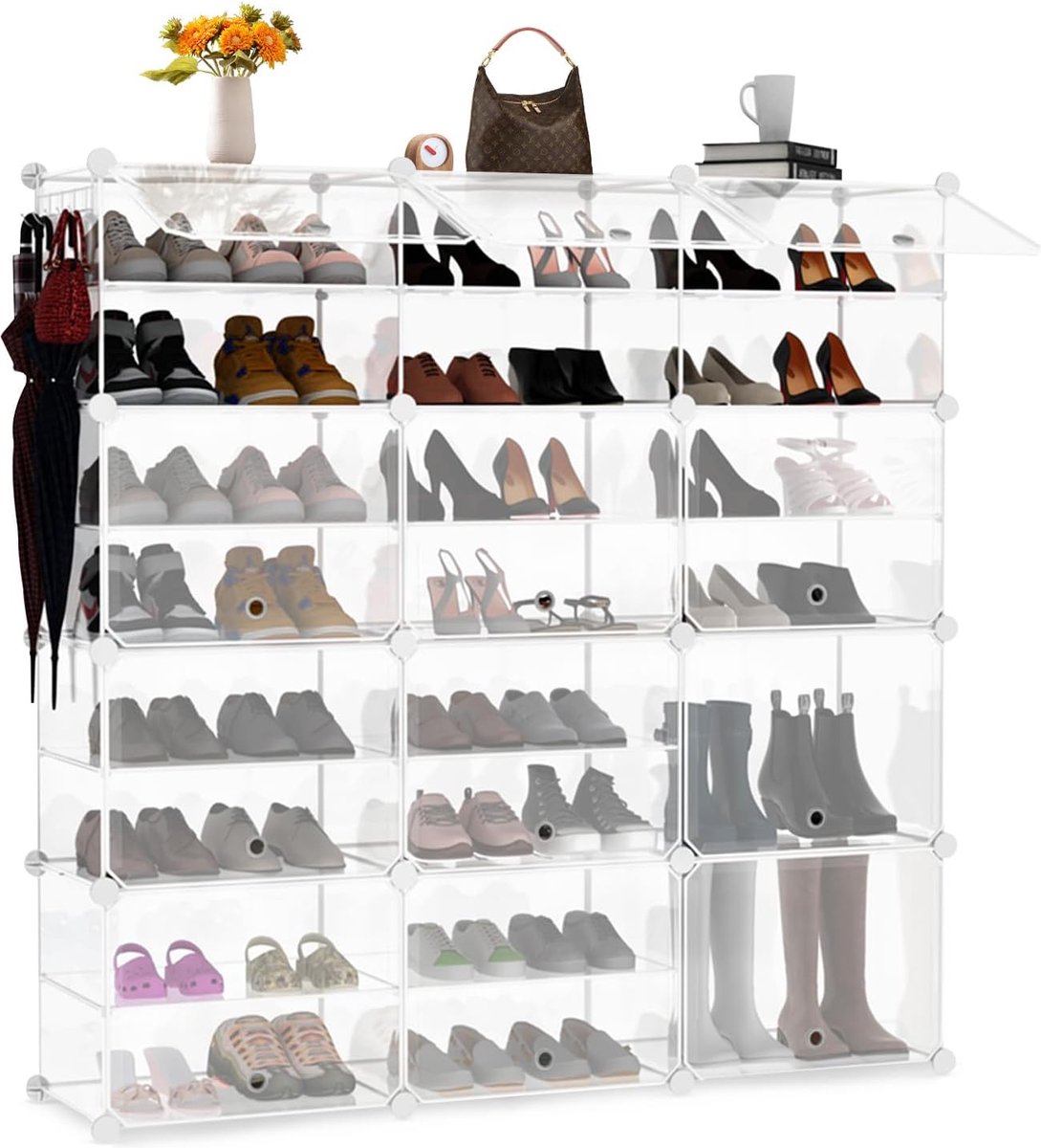 Schoenorganizers en opslag, 8-laags kunststof helder schoenenrek met deur, 48 paar uitbreidbare schoenenorganizer, kunststof schoenopbergkast voor laarzen, hoge hakken, sneakers (7595981394260)