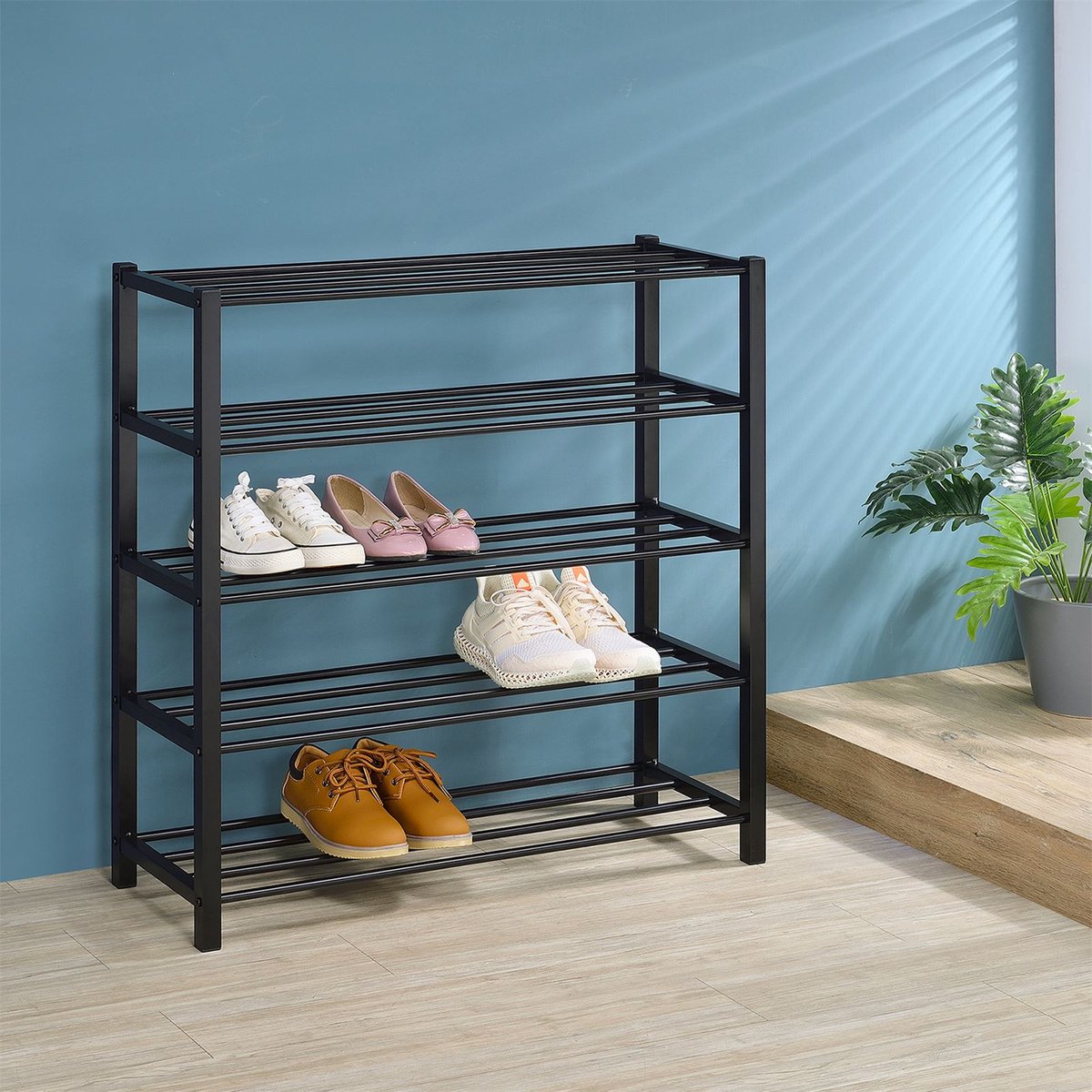 Schoenrek NAVAN metaal zwart, stevige schoenenbank met 5 planken, ruimtebesparende schoenenkast, ideaal als open schoenenrek, schoenenstandaard, schoenenrekken - afbeelding afbeelding boven (4016787184891)
