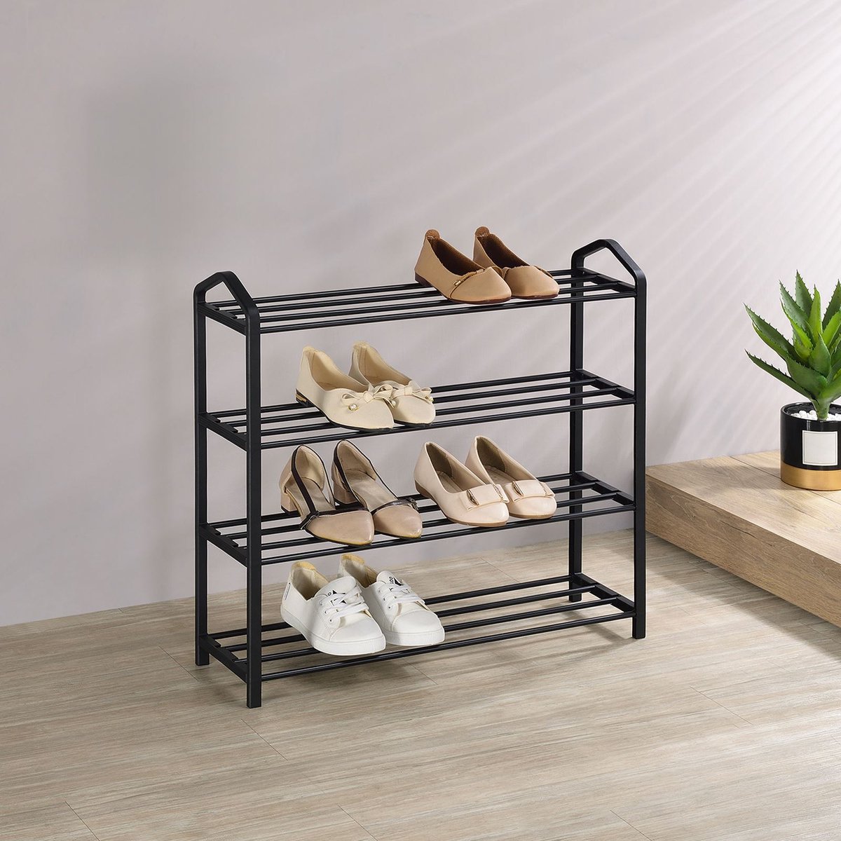 Schoenrek TRALEE zwart - ruimtebesparend met 4 planken voor hal of entree - schoenenrek van metaal modern open ontwerp, schoenenrek - belangrijkste afbeelding (4016787184471)