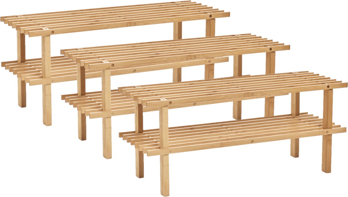 Set van 3x stuks bamboe houten schoenenrek/schoenenstandaard 2-laags 70 x 26 x 30 cm - schoenen opbergen (8720576929018)