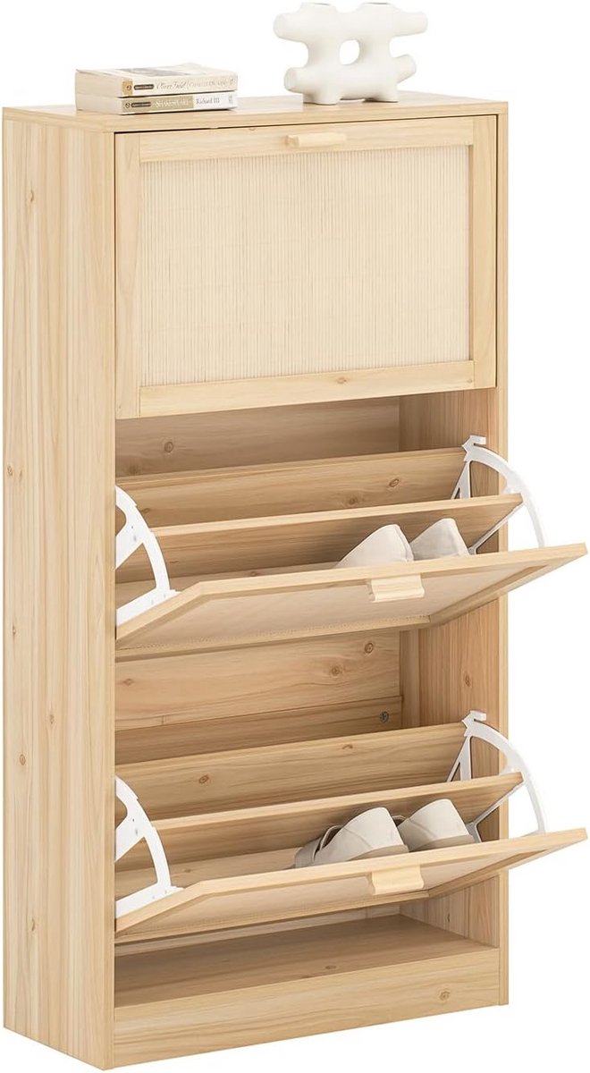 Shoe Opbergkast met 3 Klapdeuren - Smalle Schoenenkast voor Hal of Gang - Houtkleur (9101051739053)