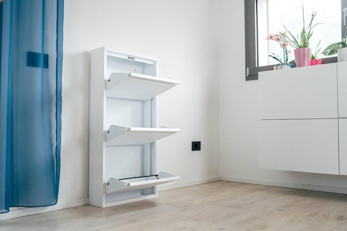Slanke Metalen Schoenenkast Wit met Drie Kleppen - Smalle Schoenenopberger (9101058583314)