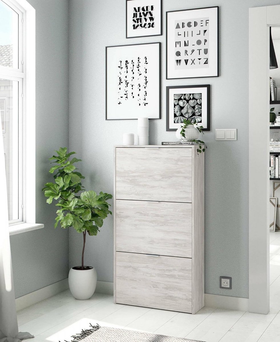 Slanke Schoenenkast met 3 Kleppen - Wit Opbergmeubel voor 18 Paar Schoenen (60x113x22 cm) (9101059071186)