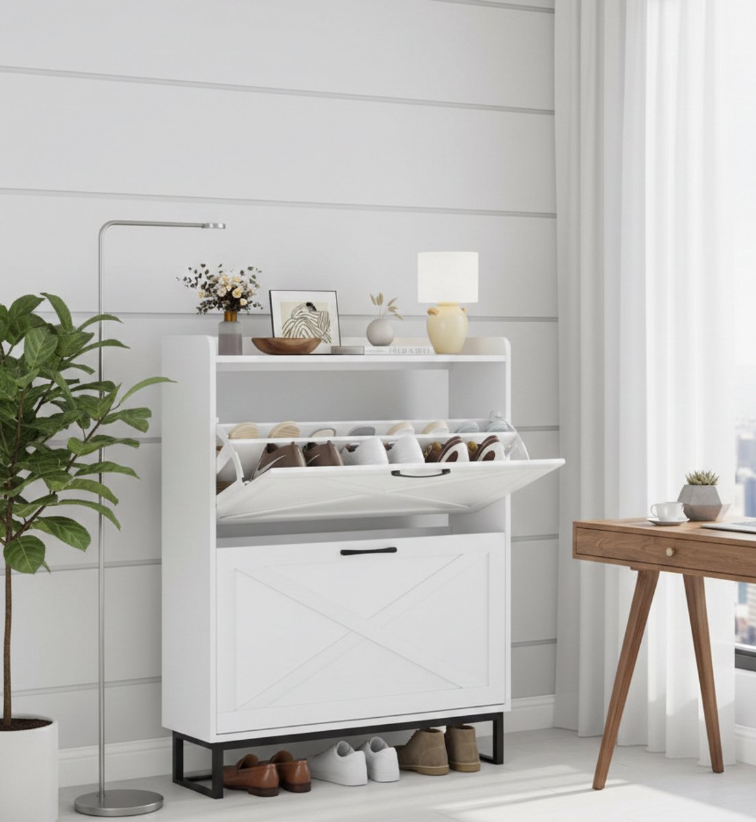 SlimLine Smalle Schoenenkast met 2 Kleppen - Wit - 80x24x102 cm - 4 Legplanken & Metalen Poten voor Hal en Entree - House&Garden (9509284699432)