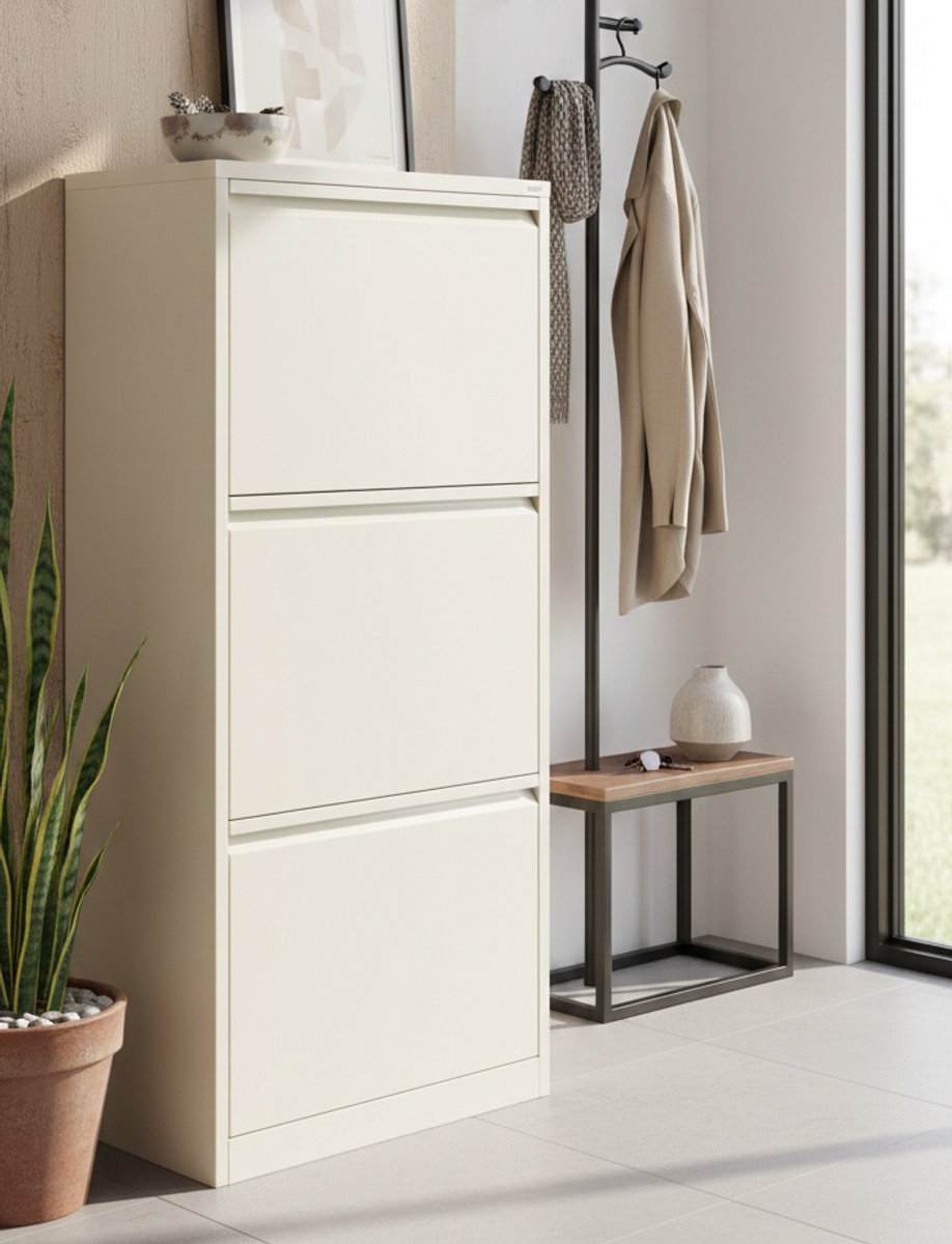 Slimline Schoenenkast Caruso - Crème Metaal, 3 Kleppen, Schoenenrek voor 6 Paar - Smal & Hoog, Ruimtebesparend, Ideaal voor Entree, Gang en Slaapkamer - Opgeruimd en Stijlvol - House&Garden (9502583212623)