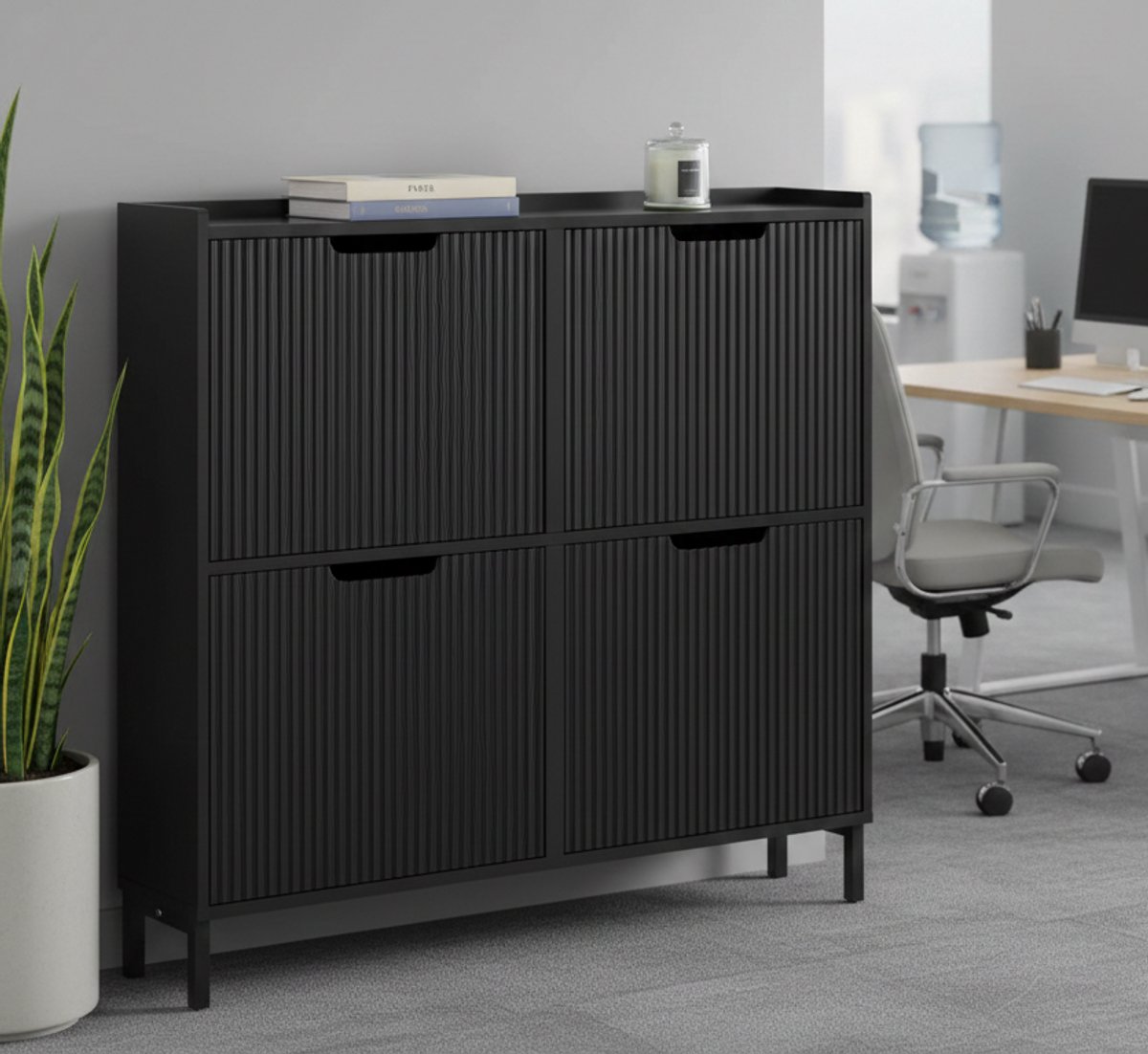 Slimline Schoenenkast Nero - Smalle Schoenenkast met 4 Kleppen - Zwart, Metaal & MDF, Voor 8 Paar Schoenen - Ideaal voor Smalle Gangen, Entree en Slaapkamer - Modern en Ruimtebesparend - House&Garden (9508898229516)