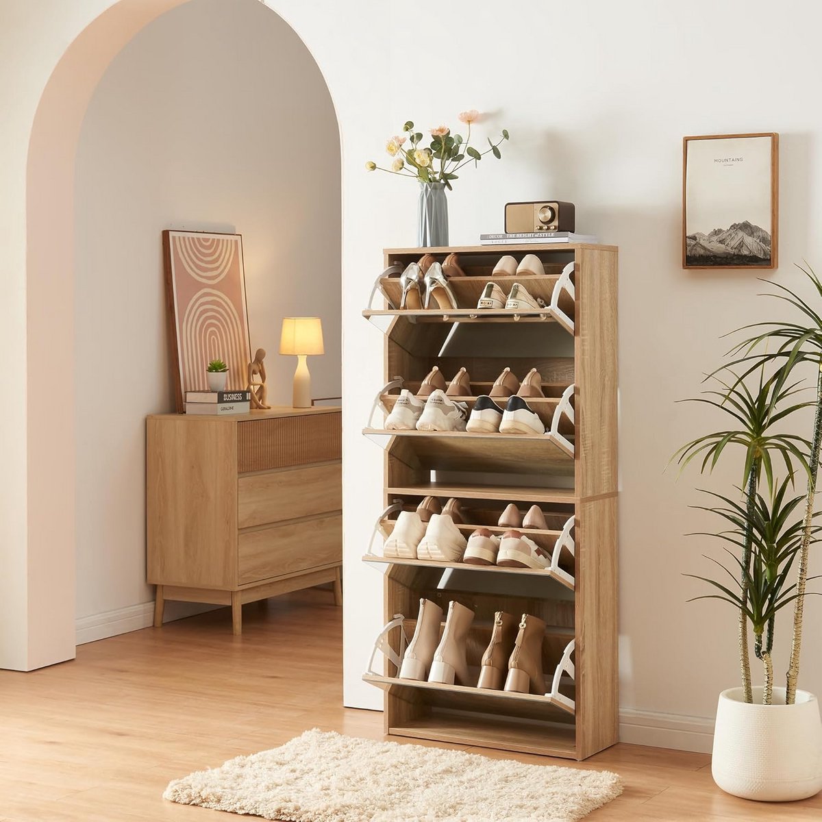 Slimme Schoenenkast met 4 Kleppen en Spiegeldeuren - Smal en Hoog - Sonoma Eiken (9101063808921)