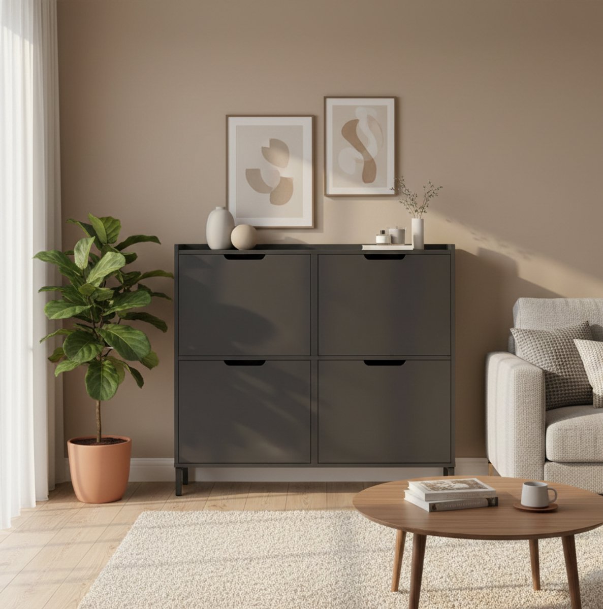 Slimme Smalle Schoenenkast Modena met 4 Kleppen - Hoge Halcommode met 4 Planken & Ruimtebesparend Design - Modern Zwart Hout - 19 x 100 x 91 cm (9503819241271)