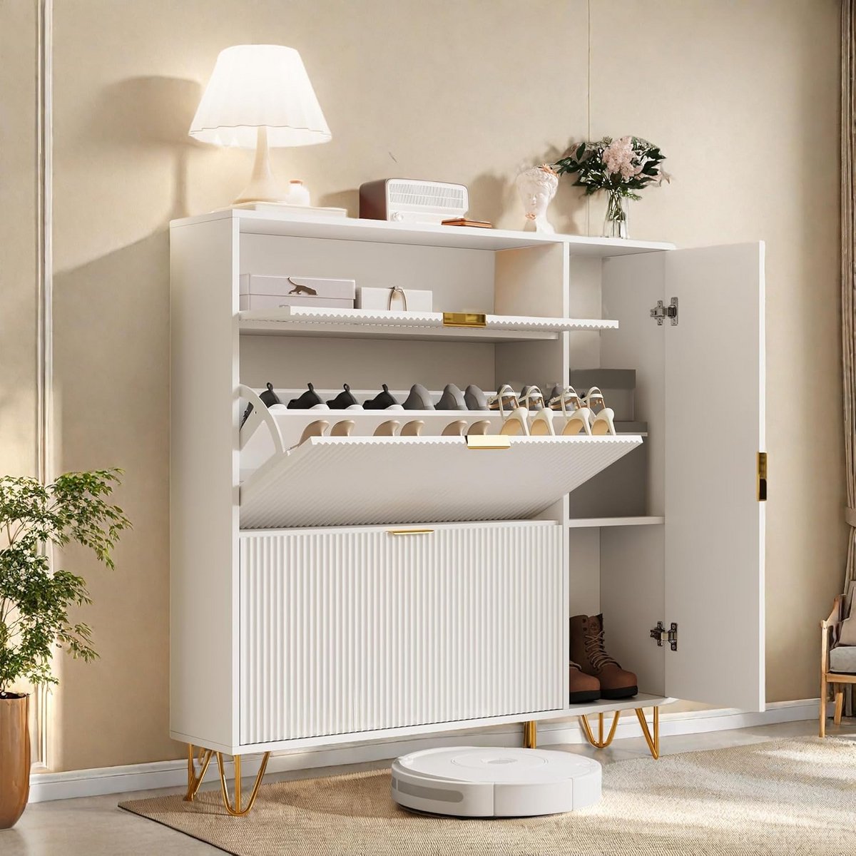 Slimme, smalle schoenenkast met 3 klapdeuren en kastdeur voor hal (9101059813472)