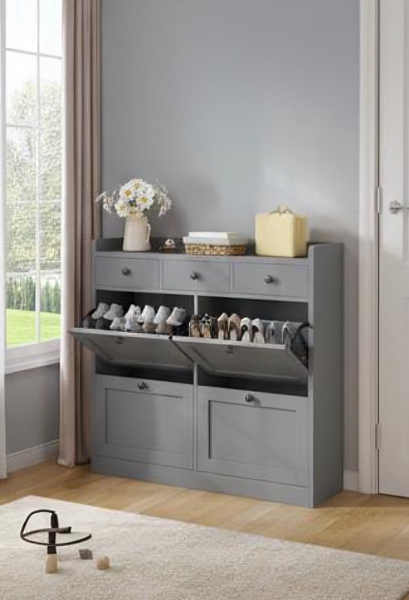 Smal Schoenenkast met 4 Kleppen en 3 Lades - 100x25x99,5 cm - Ruimtebesparend Schoenenrek voor Hal en Entree - Grijs | House&Garden (9505392121674)