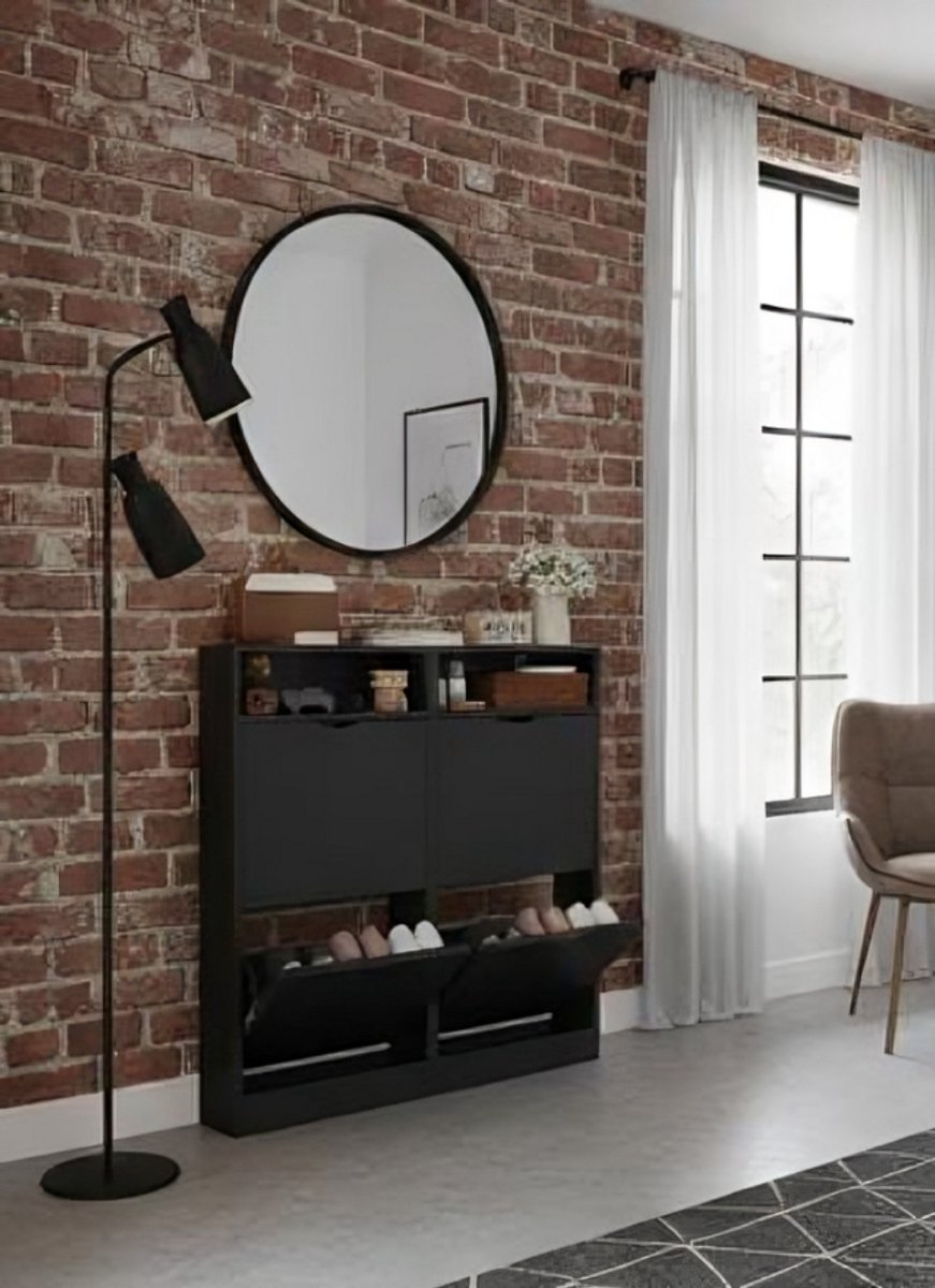 Smal Schoenenkast met 4 Kleppen en Bovenplank - Ruimtebesparend Schoenenrek 17 cm Diep - Gesloten Schoenenkast voor Hal, Gang en Garderobe - Zwart | House&Garden (9501893329182)