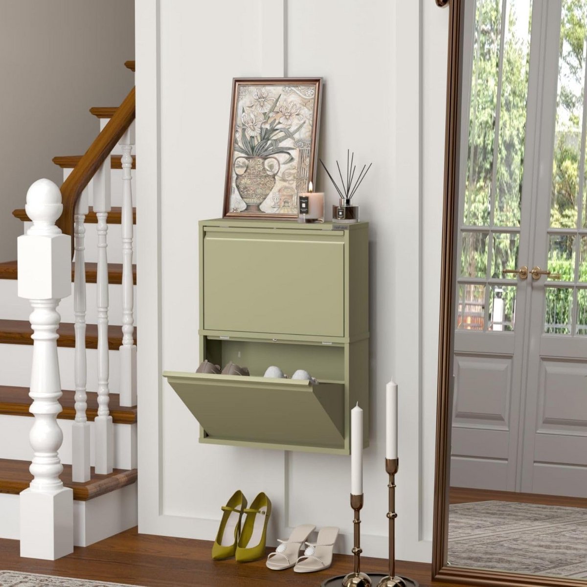 Smalle Hoge Schoenenkast Wandmontage Metaal met Magnetisch Klepdeksel (9101096487605)