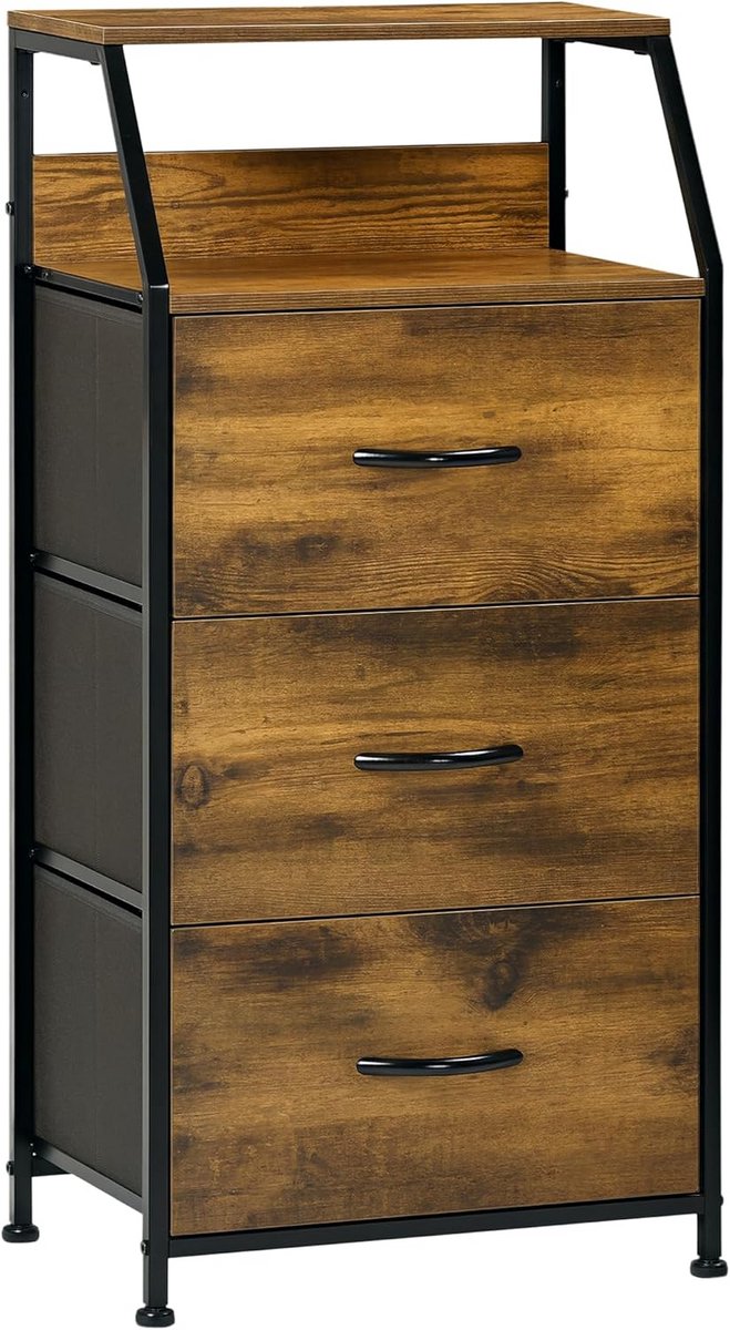 Smalle Opbergkast met 3 Stoffen Laden en Legplanken - Industrieel Design (9101060684184)