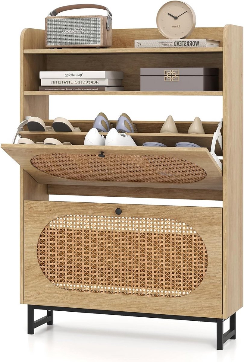 Smalle Schoenenkast met 2 Klapladen en Rotan Deuren - Hoge Schoenopberger voor Hal en Entree - 80x24x115 cm (9101060467978)