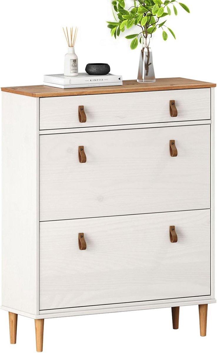 Smalle Schoenenkast met 2 Kleppen en Lade - Witte Houten Schoenenopberger (9101059787506)