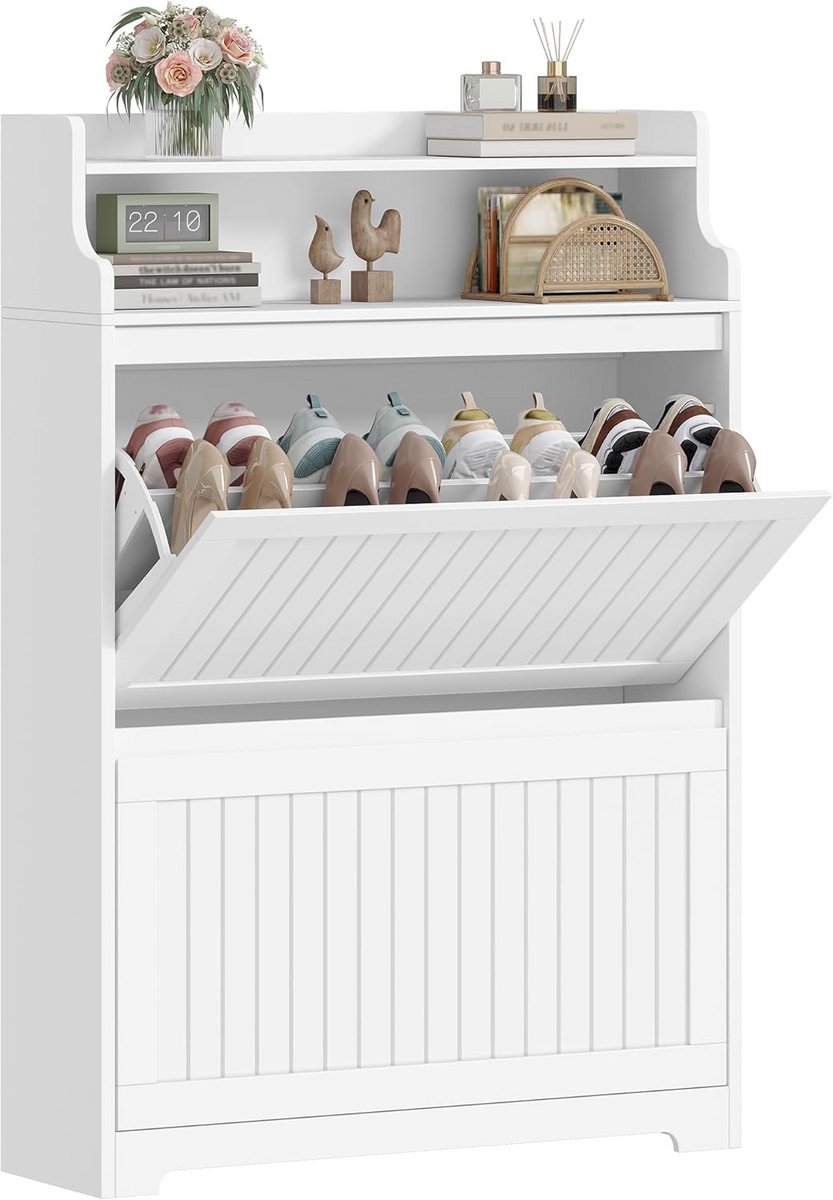 Smalle Schoenenkast met 2 Kleppen voor 16 Paar - Kast voor Gang, Woonkamer - Wit (9101105641721)