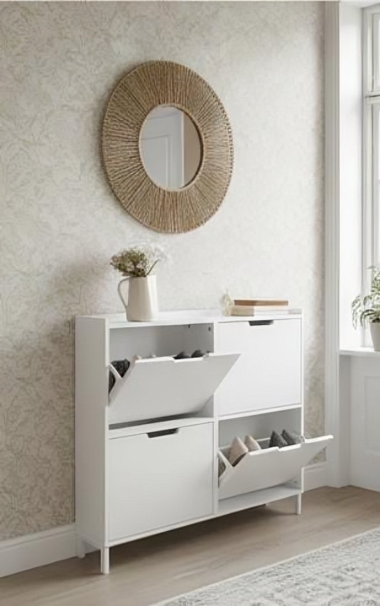 Smalle Schoenenkast met 4 Kleppen 100x91x19 cm - Ruimtebesparend Schoenenrek voor Hal & Gang - Wit - House&Garden (9504243414590)