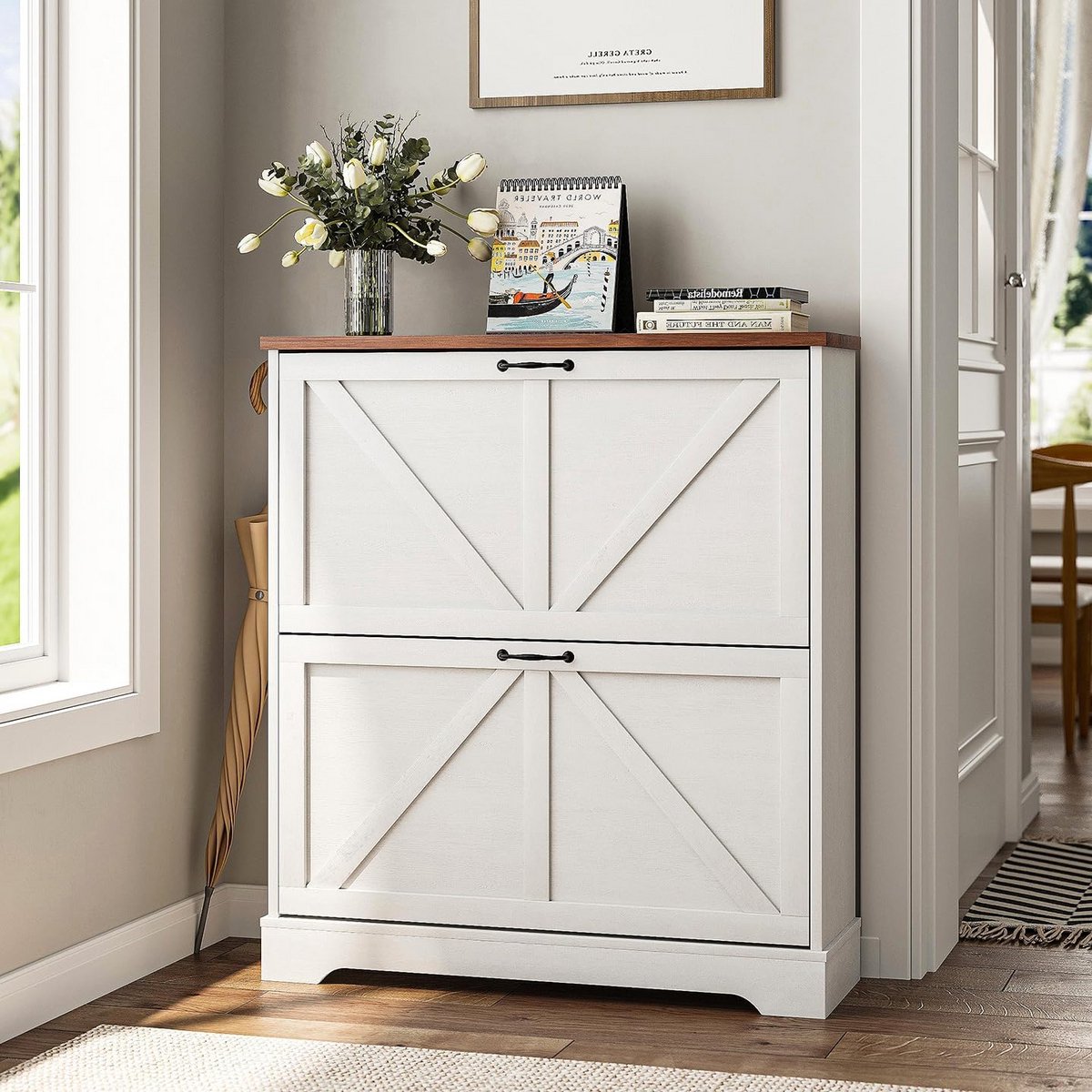 Smalle Schoenopbergkast met 2 Klaplades - Witte Farmhouse Stijl (9101074402620)