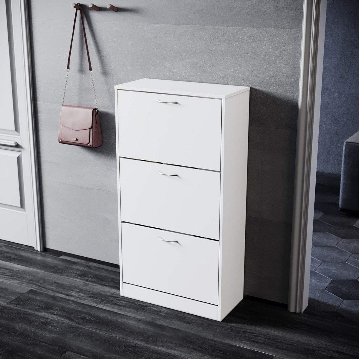 Smalle Witte Schoenenkast met 3 Kleppen - Ruimtebesparend Opslaan tot 27 Paar Schoenen (9101057457265)