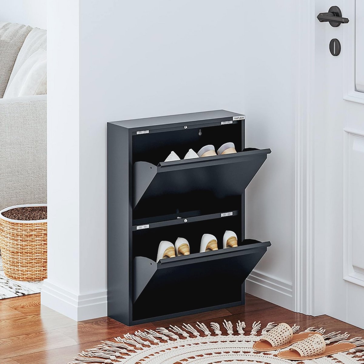 Smalle hoge schoenenkast met magnetische klep van metaal, muurmontage, antraciet (9101014783000)