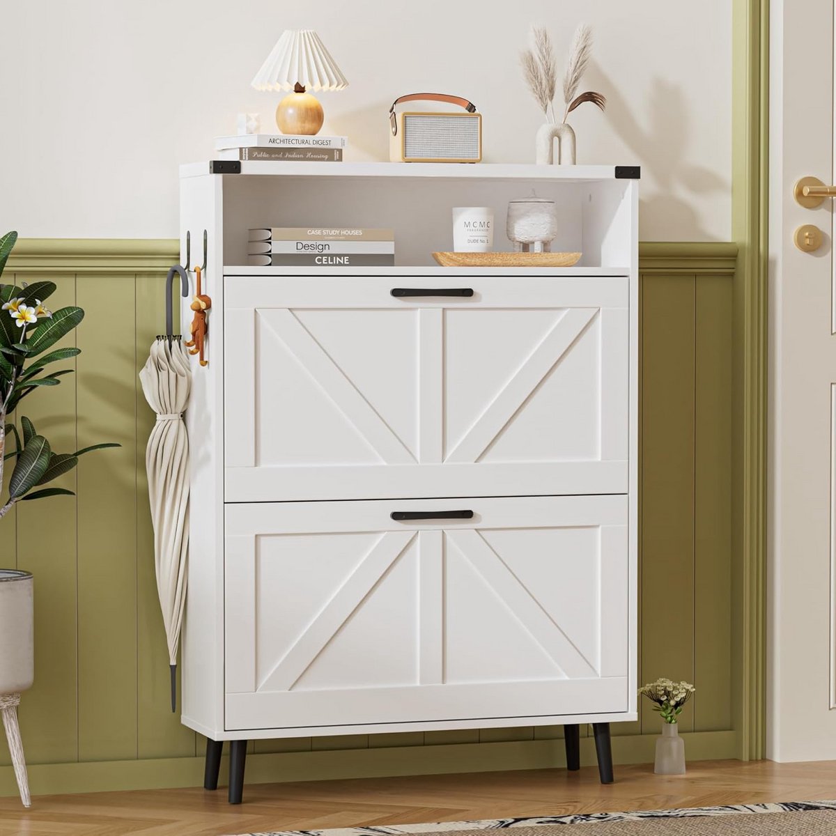 Smalle schoenenkast met 2 kleppen en 4 legplanken in wit (9101031308354)