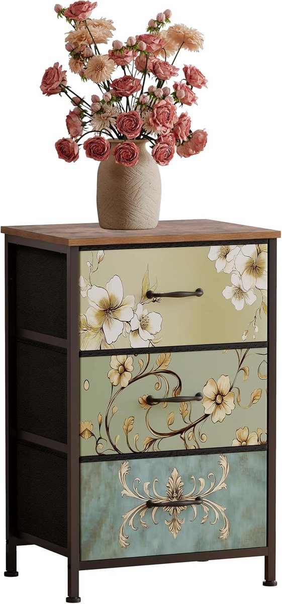 Stoffen kast 3 laden met houten plaat en stalen frame (9101082928259)