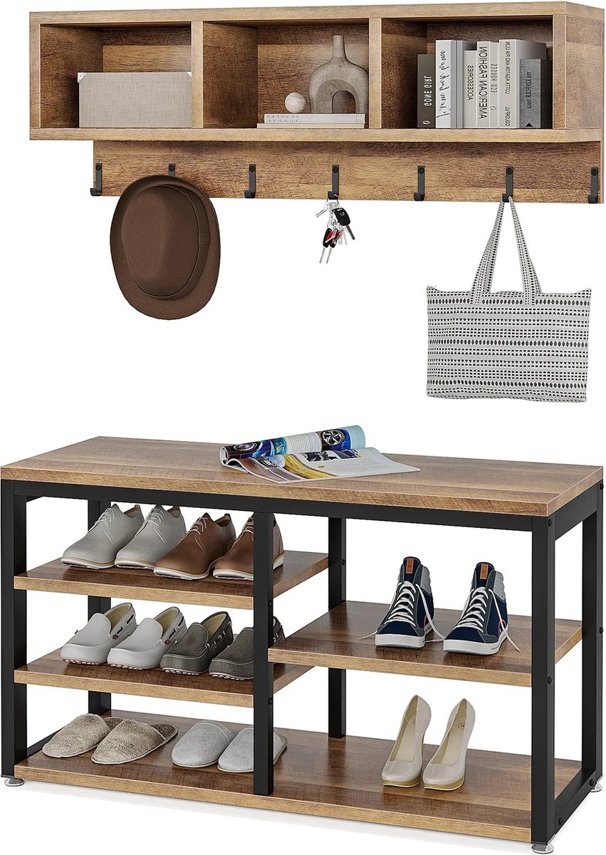 SureDeal® - Kapstok - Schoenenbank Set - Schoenenrek - Industrieel - Schoenenrek - 3 Opbergvakken - KHAKI (6150943034014)