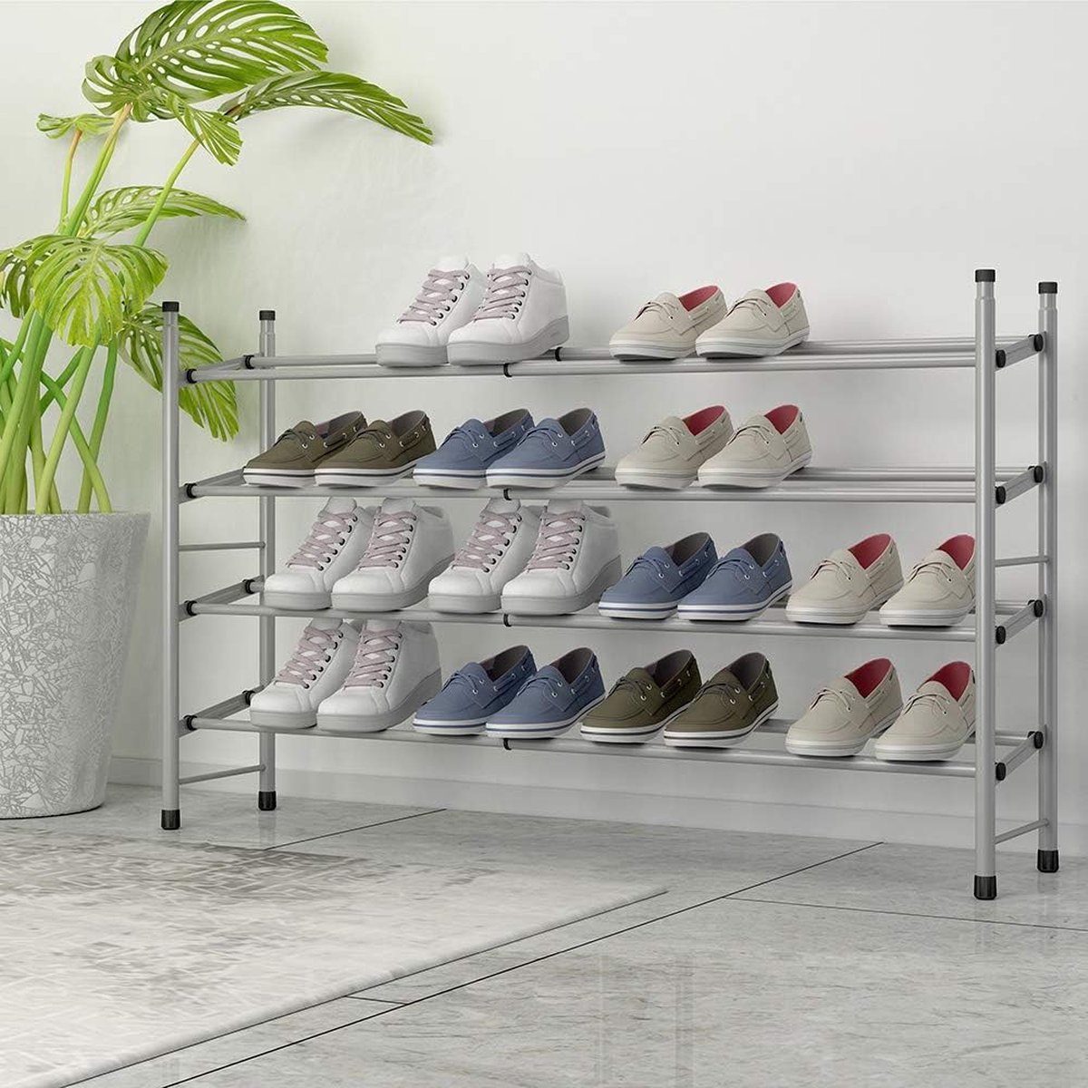 Uitschuifbaar schoenenrek met 2 niveaus voor het opbergen van maximaal 12 paar schoenen, verstelbaar stapelbaar schoenenrek opbergruimte voor hal, 62~114 x 22 x 35 cm (0619016204083)