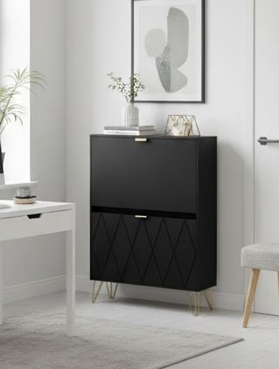 Urban Elegance Pro Schoenenkast Zwart - Smalle Schoenenkast met 2 Kleppen en Lade - Schoenenrek voor 16 Paar - 80 x 24 x 120 cm - Ruimtebesparende Schoenenkast voor Hal en Entree House&Garden (9501879538683)