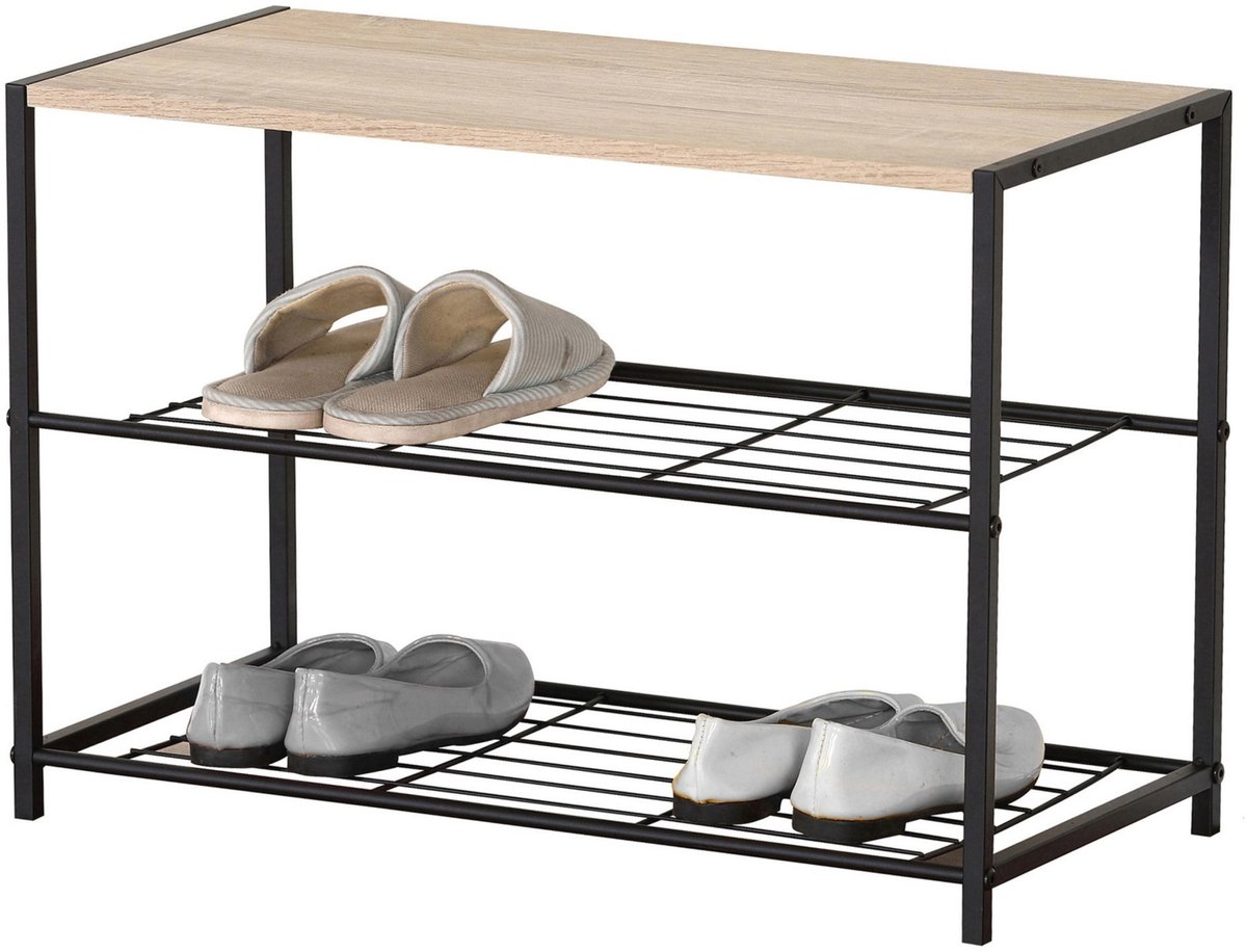 Urban Living Schoenenrek - metaal/hout - 2-laags - 63 x 30 x 43 cm - schoenen opbergen - zwart - kastje voor 6 paar (5414881513774)