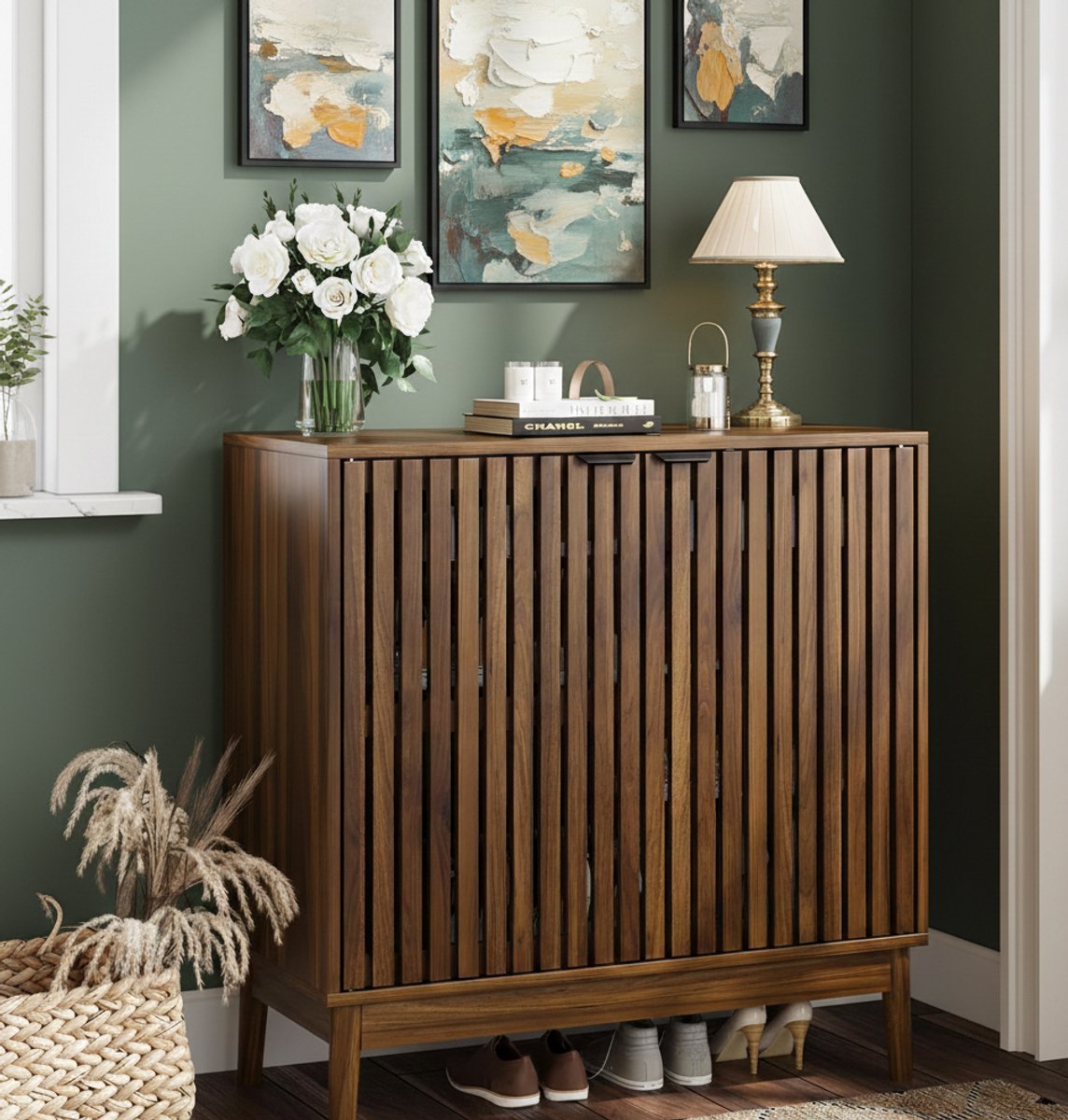 Valencia Luxe Schoenenkast met Verstelbare Planken en Lamellendeuren - Houten Schoenenorganizer - 80 cm Breed - Walnoot - 37 x 80 x 80 cm - House&Garden (9503744129279)