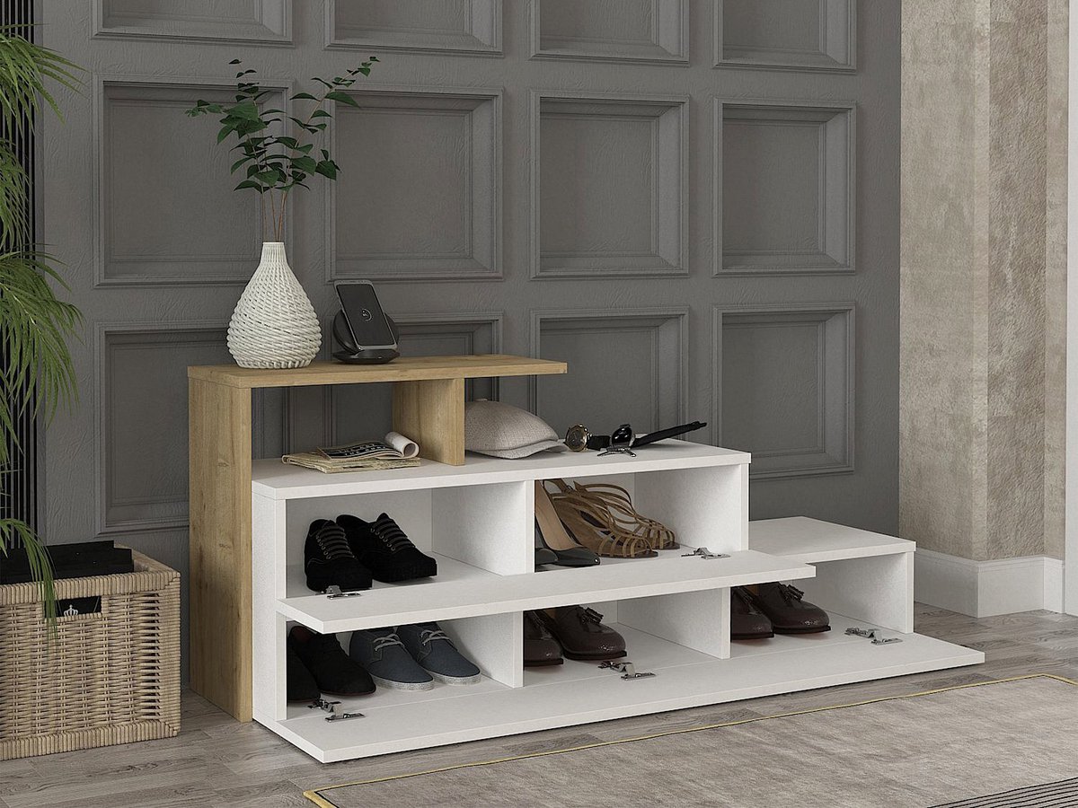 Vente-unique Schoenenkast met 2 deurtjes en 1 legplank - Wit en houtlook - DAVISTA L 129.8 cm x H 55.1 cm x D 36.8 cm (3666471181746)