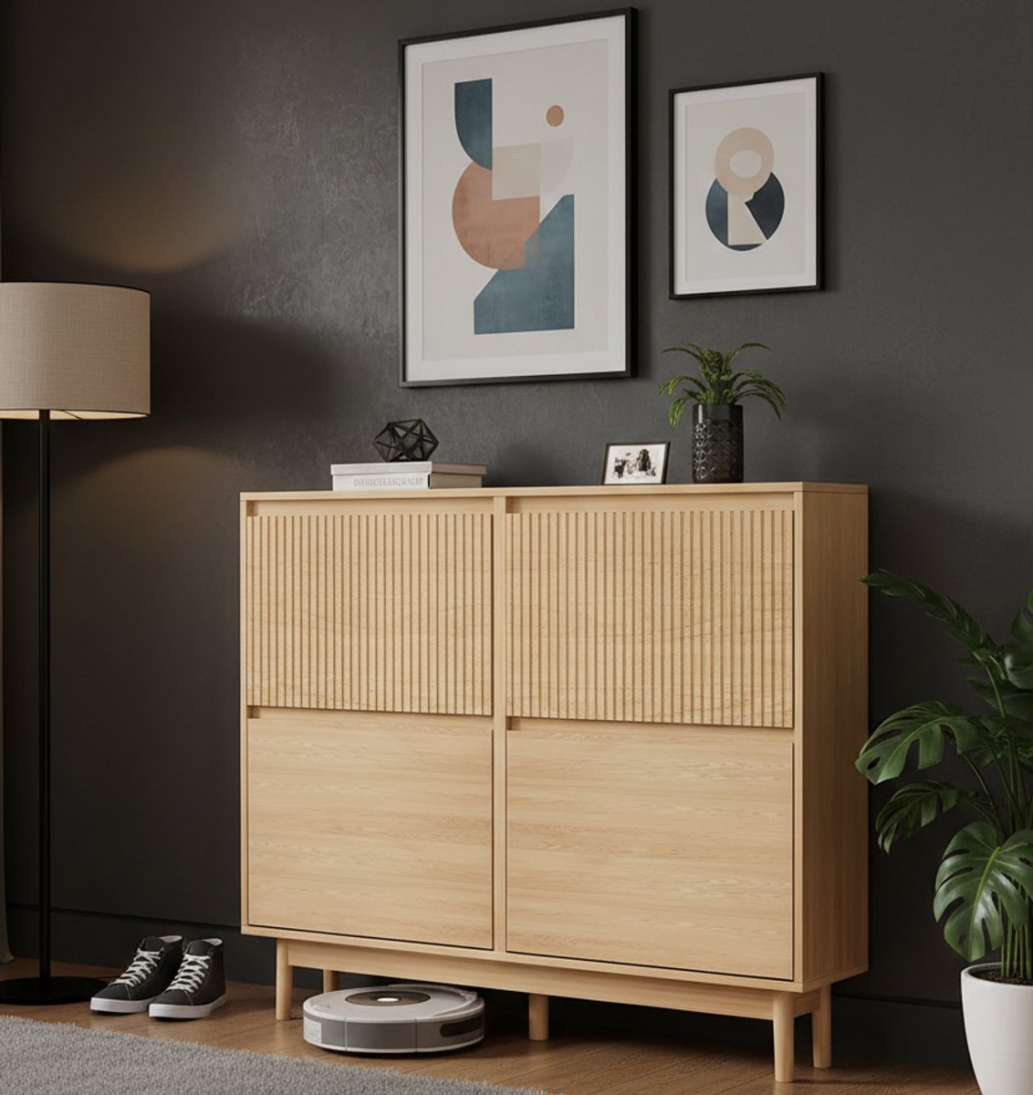 Verona Slimline Schoenenkast met 4 Kleppen - Smalle Schoenenopberger voor 16-28 Paar - Flipladen, Verstelbare Planken - 120 x 23,8 x 98 cm - Houtkleur - House&Garden (9508725121747)