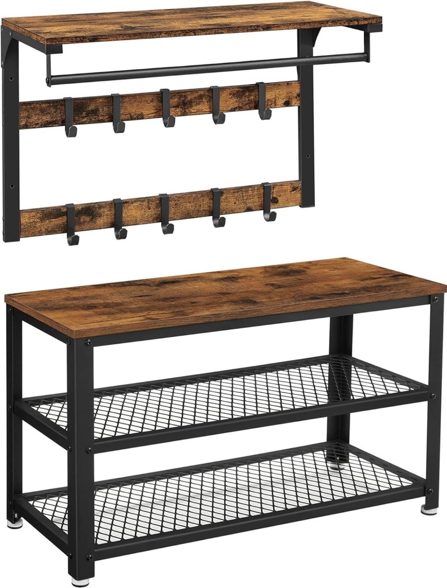 Wandgarderobe met schoenenbank - wandrek met plank en 10 haken - schoenenrek met 3 niveaus - opslag - metalen frame - voor hal - entree - industrieel design - Stenberi (7423645955956)