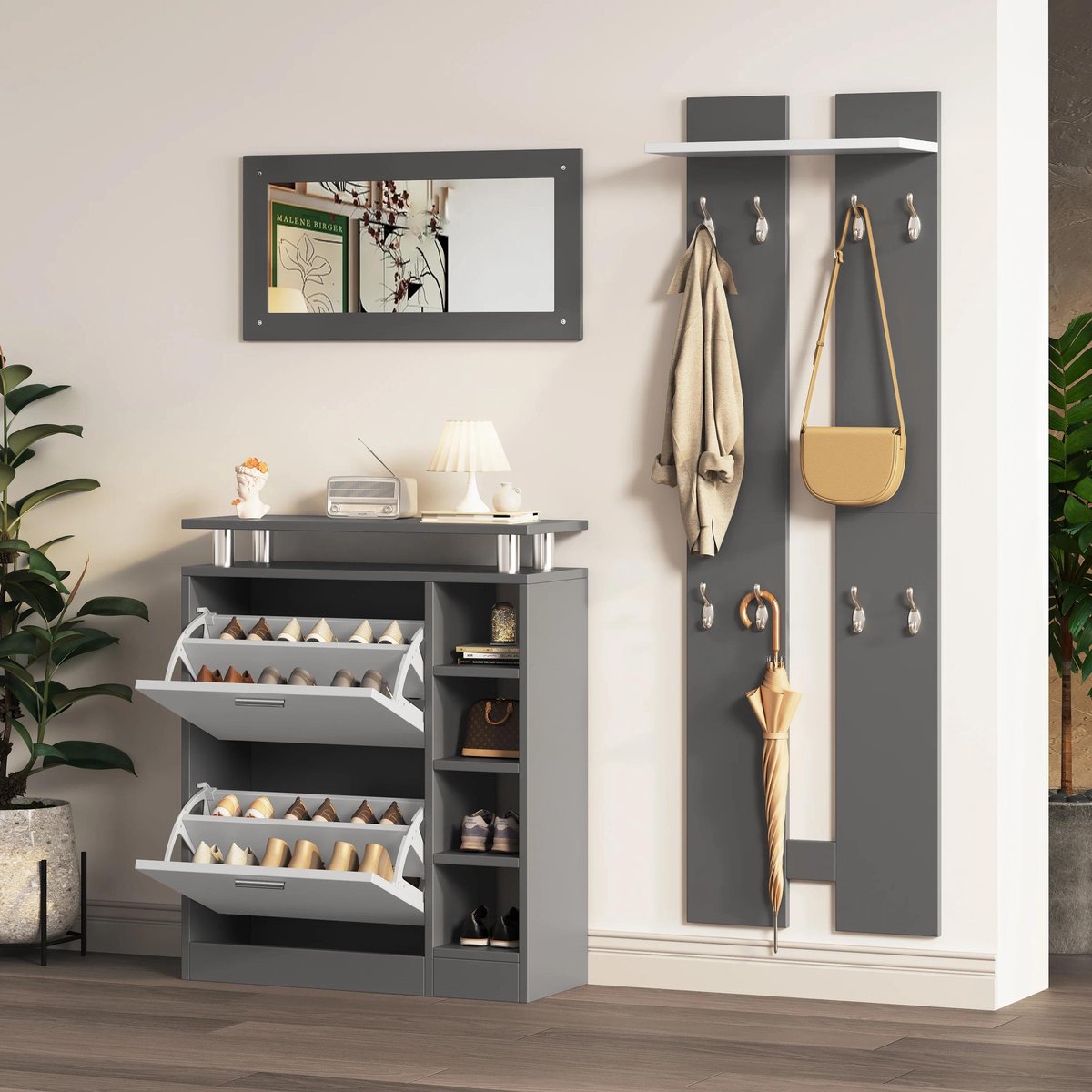 Wandgarderobeset incl. spiegel, wandpanelen, plank, schoenenkast - geschikt voor entree - wit - opbergmeubel - ruimtebesparend - 80 x 25 x 96,5 cm met haken - moderne uitstraling - handig in gebruik. (8721273465526)